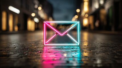 Neon light email icon glowing in vibrant colors symbolizing digital communication connectivity messaging and modern technology in a sleek futuristic style