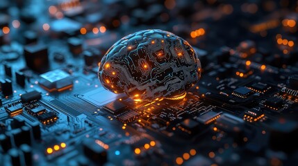 A glowing, futuristic artificial intelligence brain integrated into a complex circuit board with intricate details.
