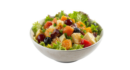 Healthy colorful fruit salad in a white bowl on a white surface