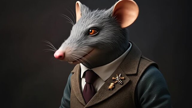 Anthropomorphic mouse dressed in a tweed suit with a tie and lapel pin illustration