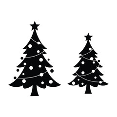 Two black christmas trees decorated with lights and a star isolated on white