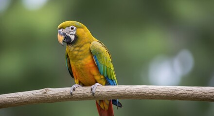 Naklejka premium Vibrant Harlequin Macaw Parrot Perched on a Branch in a Lush Green Natural Setting with Blurred Background