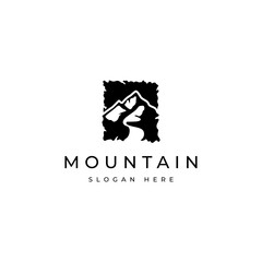 mountain vector logo with with river flow in flat design style