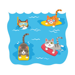 Naklejka premium Four cute cartoon cats enjoying a fun summer day swimming and floating in blue water with various pool accessories.