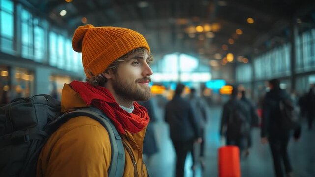 Journey's Prelude: A poised traveler, clad in a warm ensemble, gazes expectantly, ready for the upcoming adventure, enveloped by the vibrant atmosphere of a bustling transport hub.