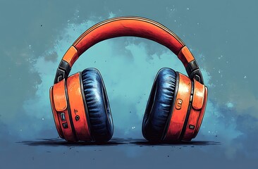 Vibrant Illustration of Orange and Blue Headphones on a Cloudy Background