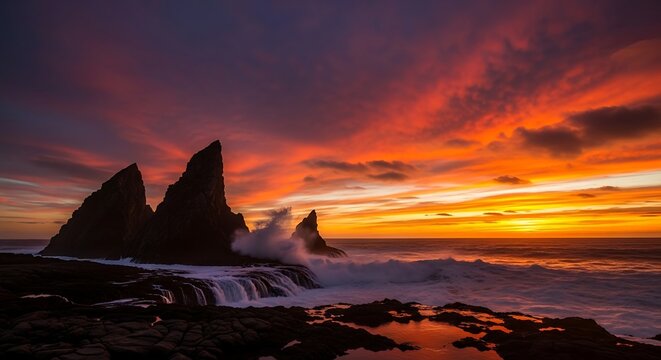 Dramatic Sunset Over Jagged Rock Formations and Crashing Waves on a Rocky Coastline - Powered by Adobe