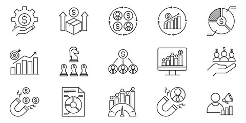 Vector set of business growth and financial strategy icons in outline style including profit increase investment planning chart analysis return on investment market strategy financial report target