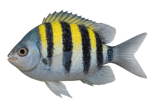 Indo-pacific sergeant fish swimming, a vibrant tropical marine animal with yellow and black stripes