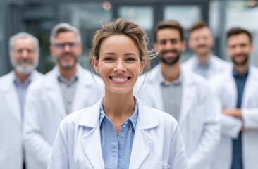 A group of medical professionals in white coats stand smiling, exuding confidence and expertise.