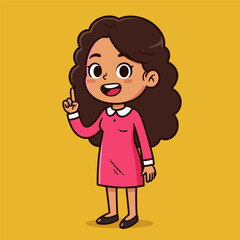 Smiling girl in pink dress pointing upward, standing on yellow background.