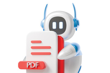 3d robot holding pdf file icon. document management concept. Minimal cartoon pdf doc file bot mascot for app banner and website header. isolated on white background. 3d render.