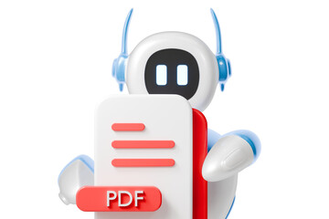 3d robot holding pdf file icon. document management concept. Minimal cartoon pdf doc file bot mascot for app banner and website header. isolated on white background. 3d render.