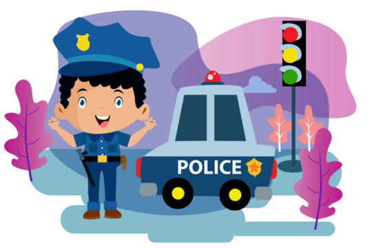 Animated Police Officer with Car and Traffic Light on Transparent Background