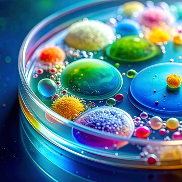 Colorful microbe colonies in a transparent petri dish