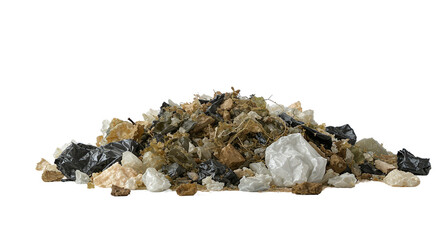 Heap of mixed waste materials on a white backdrop