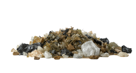 Heap of mixed waste materials on a white backdrop