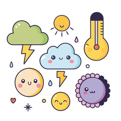 Cute kawaii weather icons with smiling faces and lightning climate