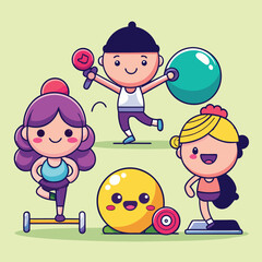 Five cute cartoon characters exercising with fitness equipment vector