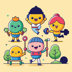 Five kawaii characters engaged in various activities like exercising and playing outdoors vector