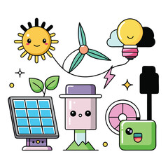 Kawaii style vector set of 5 cute eco energy objects with faces solar panel wind turbine