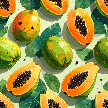 Colorful papaya fruit pattern on a light green backdrop