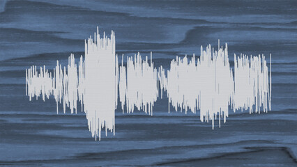 White sound wave on a blue wooden background with horizontal grain pattern
