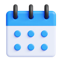 A 3D calendar icon with blue and white pages and black rings.