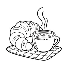 Cozy Breakfast Scene with Croissants and Hot Drink Coloring Page – Cute & Cozy Coloring Book for Relaxation and Creativity. Easy, and Bold Line, Coloring Pages for Kids & Adults.