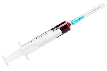 Medical syringe with a blood sample for analysis on a transparent background