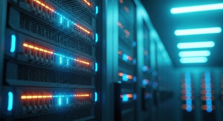 Fototapeta premium Big data center server racks hardware data network host room storage systems technology. 3D rendering.