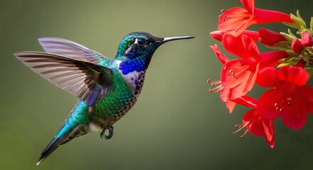 Obraz premium A vibrant hummingbird in flight near red flowers, showcasing natures beauty and agility