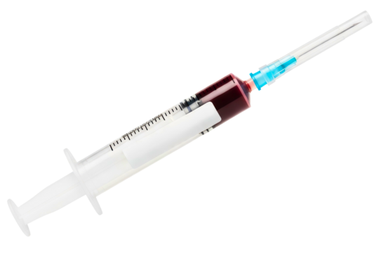 Medical syringe with a blood sample for analysis on a transparent background