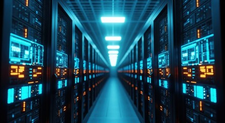 A futuristic data center interior with endless rows of glowing server racks.