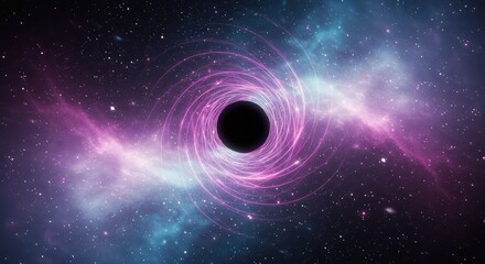 A swirling accretion disk of purple and pink gas surrounds a black hole in the vastness of space.
