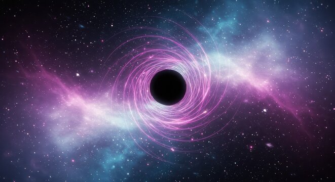 A swirling accretion disk of purple and pink gas surrounds a black hole in the vastness of space.