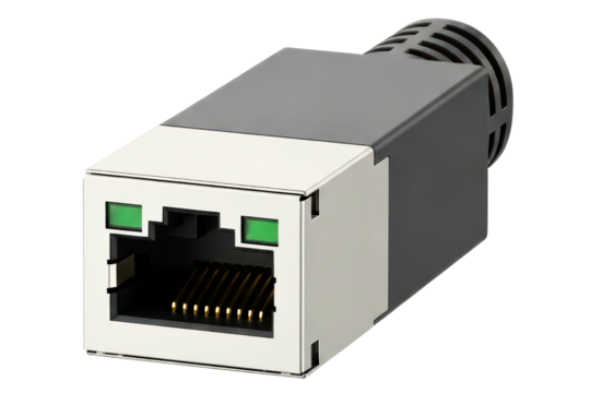 Industrial Ethernet network connector for data communication on a transparent background