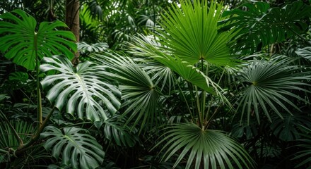 A dense arrangement of tropical green jungle leaves, lush monstera and palm foliage overlapping. Vibrant and natural textures, rich shadows and highlights, summer tropical aesthetic, cinematic feel.
