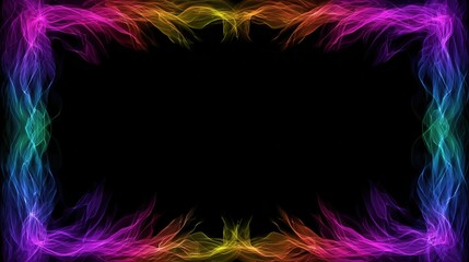 A black void framed by a vibrant, swirling, color-gradient border of blues, greens, yellows, oranges & pinks