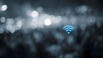 A bright blue Wi Fi signal icon hovers over a blurred dark background resembling a crowd