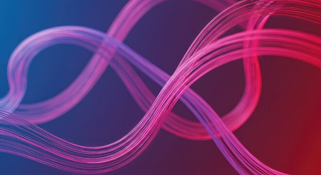 Abstract flowing lines of pink and purple light against a gradient blue and red background.