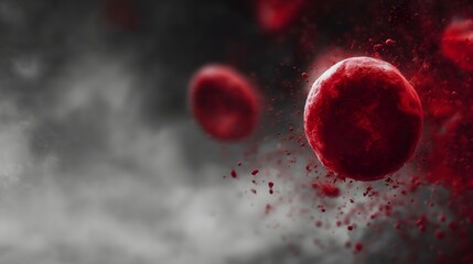 Naklejka premium Abstract digital art of vivid red blood cells floating in a dramatic smoky grayscale background representing microscopic life and healthcare concepts