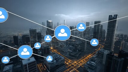 Urban networking concept with icons representing people connected over a city skyline at dusk - Powered by Adobe