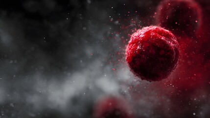 Vivid red cells in microscopic view with scattered particles against a dark smoky background
