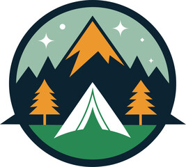 Camping Logo Design, Outdoor illustration of forest and mountain scenery on transparent background
