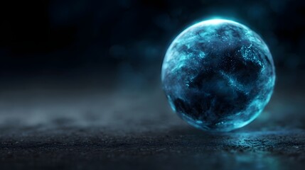 A luminous blue orb of swirling energy emanates light and mist over a dark textured ground evoking mystery and cosmic wonder