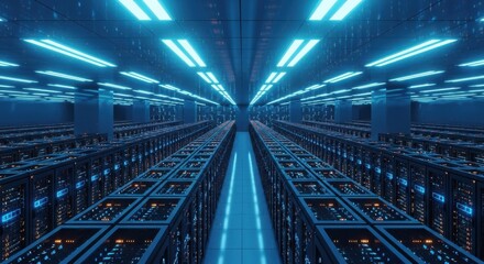 A close-up futuristic shot of server racks inside a data center, captured from a side angle with shallow depth of field.
