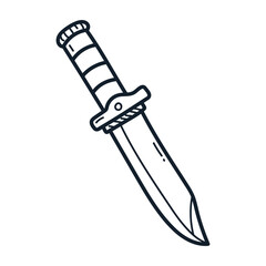 Black and White Line Art Illustration of a Knife with a Thick Handle and Shiny Blade on a Transparent Background