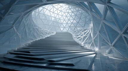 Abstract glowing staircase ascending through radiant geometric structures enclosed in a transparent dome symbolizing consistent upward growth and long-term profitable business momentum.