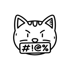 Black and White Outline Drawing of an Angry Cat Emoji Covering its Mouth on Transparent Background